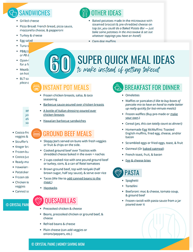 60 Super Quick Meal Ideas printable preview.