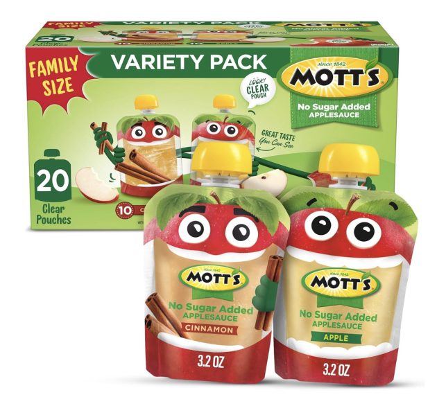 Mott's No Sugar Added Applesauce Variety Pack, Cinnamon and Apple, Made from Real Fruit, No Artificial Flavors, 3.2 Oz Clear Pouches, 20 Pack