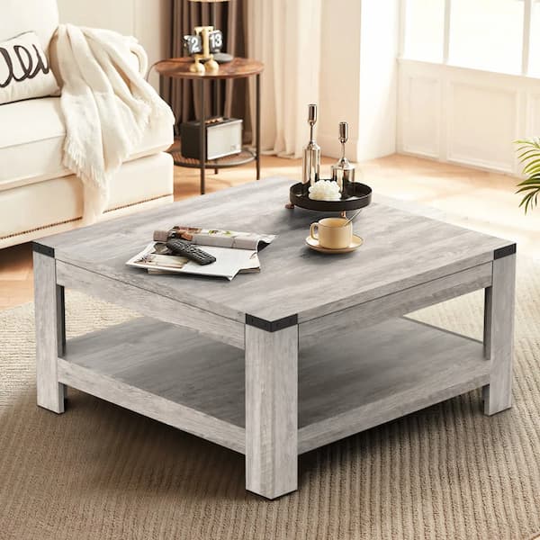 Square Coffee Table With 2-tier Storage Shelves