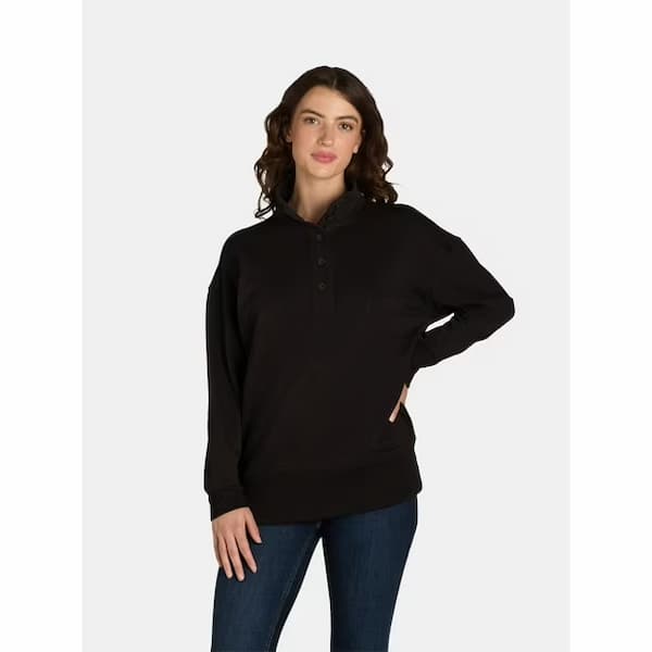 Time and Tru Women's Mock Neck Sweatshirt with Button Placket deal