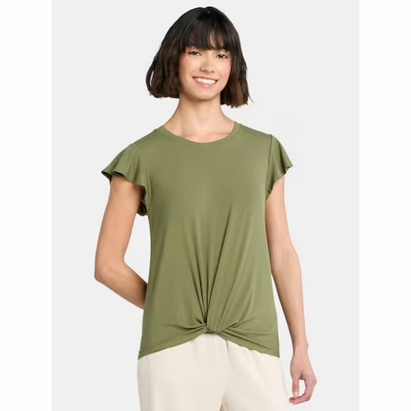 Time and Tru Women's Twist Front Top with Flutter Sleeves deal