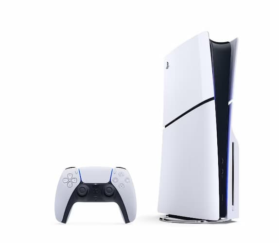 PlayStation 5 console and a wireless controller, both set against a plain white background.